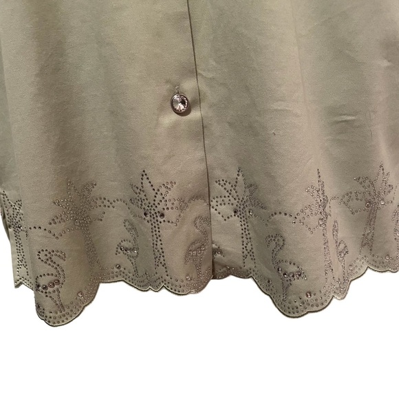 Quacker Factory Short Sleeve Button up Embellished Shirt Rhinestones Large Green - Picture 6 of 8